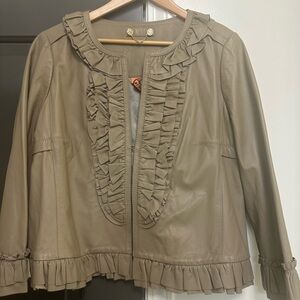 Tory Burch Taupe Leather Jacket with Ruffle Accents